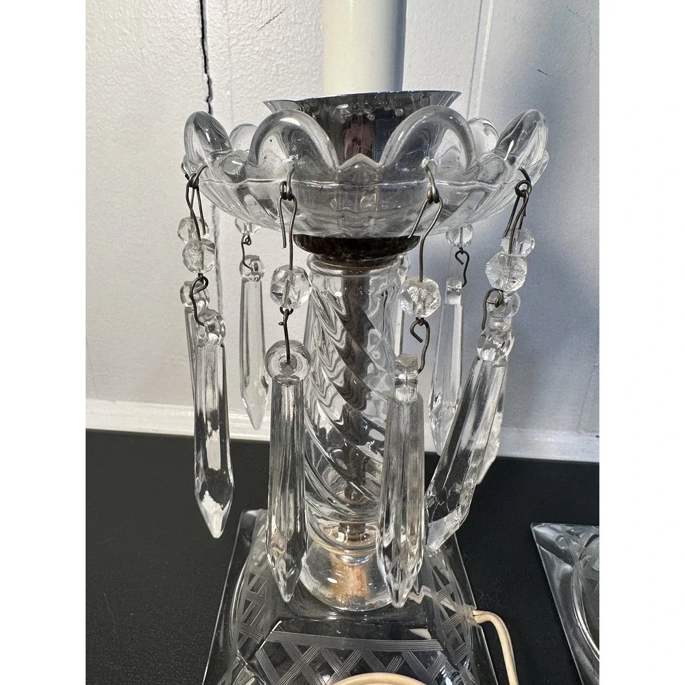 Pair of Large Cut Etched Crystal‎ Hurricane Lustre Mantle Lamps Drop Prisms